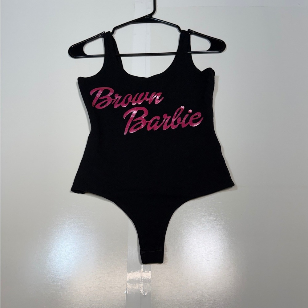 Shinestar Bodysuit Small Black Womens Brown Barbie Pink Glitter Graphic